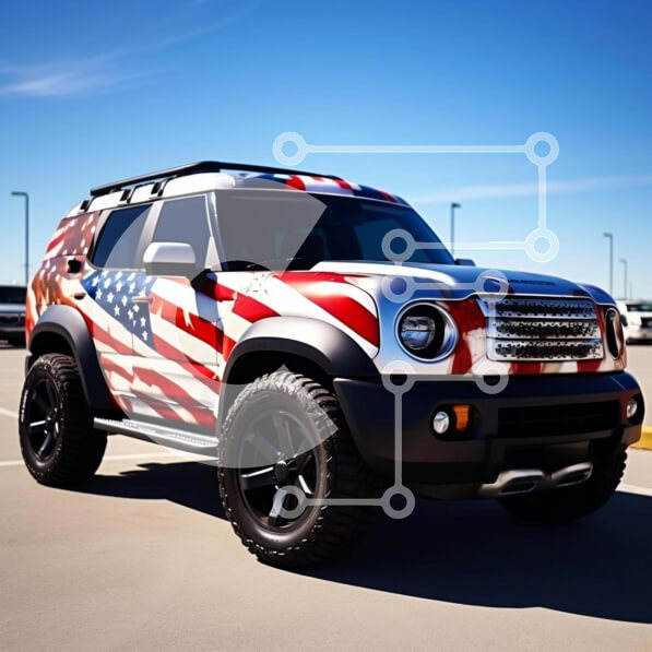 Intra Συλλεκτικό Ξύλινο Παζλ Plywood  4mm - Κόκκινο, λευκό και μπλε τζιπ με αμερικανική σημαία Σε Ξύλινο Κουτί - Διαστάσεις Puzzle: 10x10 cm – 25 κομμάτια