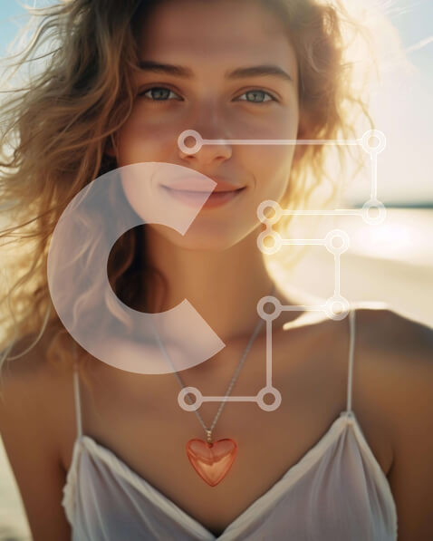 Intra Συλλεκτικό Ξύλινο Παζλ Plywood  4mm - Νεαρή γυναίκα στην παραλία με πορτοκαλί κολιέ σε σχήμα καρδιάς Σε Ξύλινο Κουτί - Διαστάσεις Puzzle: 10x10 cm – 25 κομμάτια