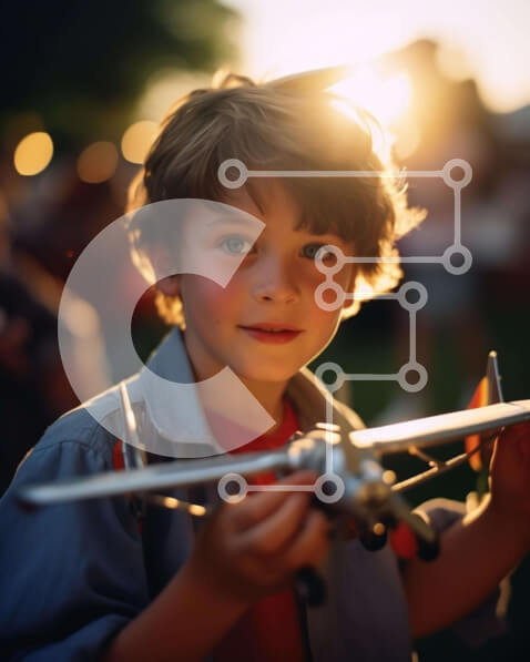 Intra Συλλεκτικό Ξύλινο Παζλ Plywood  4mm - Νεαρό αγόρι που παίζει με το μοντέλο αεροπλάνου Σε Ξύλινο Κουτί - Διαστάσεις Puzzle: 10x10 cm – 25 κομμάτια