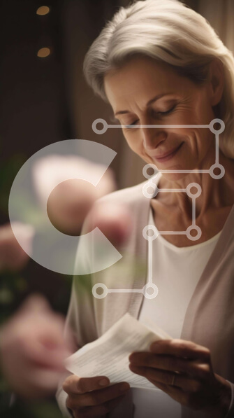 Intra Συλλεκτικό Ξύλινο Παζλ Plywood  4mm - Ηλικιωμένη γυναίκα που χαμογελά διαβάζοντας ένα σημείωμα με τριαντάφυλλα στο φόντο Σε Ξύλινο Κουτί - Διαστάσεις Puzzle: 10x10 cm – 25 κομμάτια