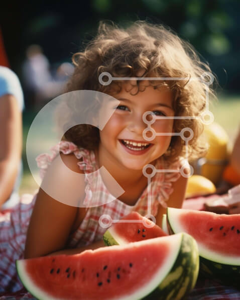 Intra Συλλεκτικό Ξύλινο Παζλ Plywood  4mm - Νεαρό κορίτσι που απολαμβάνει τις φέτες καρπούζι σε εξωτερικούς χώρους Σε Ξύλινο Κουτί - Διαστάσεις Puzzle: 10x10 cm – 25 κομμάτια