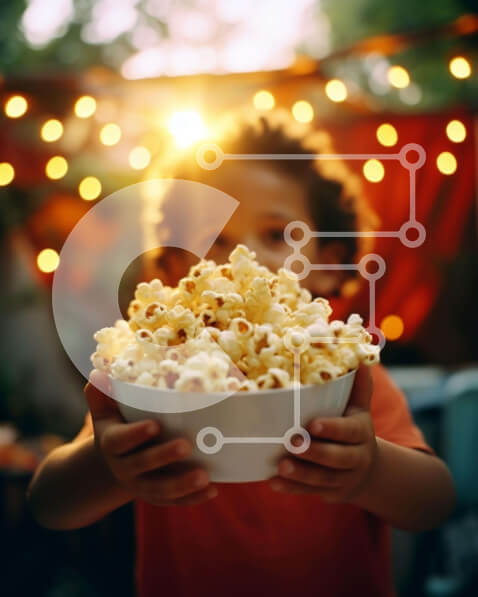 Intra Συλλεκτικό Ξύλινο Παζλ Plywood  4mm - Νεαρό αγόρι με μπολ ποπ κορν μπροστά από πολύχρωμα φώτα Σε Ξύλινο Κουτί - Διαστάσεις Puzzle: 10x10 cm – 25 κομμάτια