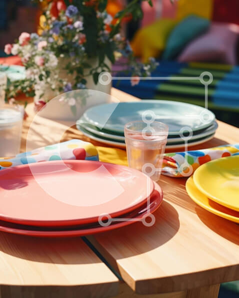 Σετ των 2 Intra Συλλεκτικό Ξύλινο Παζλ Plywood  4mm - Πολύχρωμο τραπέζι με πιάτα, χαρτοπετσέτες, φλιτζάνια και βάζο Σε Ξύλινο Κουτί - Διαστάσεις: 10x10 cm – 25 κομμάτια