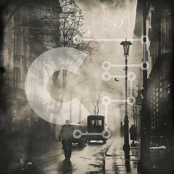 Intra Συλλεκτικό Ξύλινο Παζλ Plywood  4mm - Vintage City Street με ομίχλη και άνθρωπος που περπατά Σε Ξύλινο Κουτί - Διαστάσεις Puzzle: 10x10 cm – 25 κομμάτια