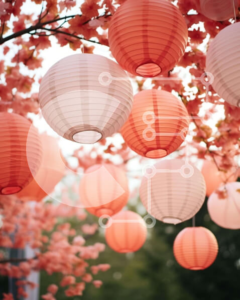 Intra Συλλεκτικό Ξύλινο Παζλ Plywood  4mm - Συστάδα φαναριών από ροζ και λευκό χαρτί σε κερασιά Σε Ξύλινο Κουτί - Διαστάσεις Puzzle: 10x10 cm – 25 κομμάτια