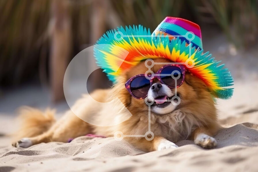 Σετ των 2 Intra Συλλεκτικό Ξύλινο Παζλ Plywood  4mm - Μικρό καφέ σκυλί με πολύχρωμα γυαλιά ηλίου και σομπρέρο στην παραλία Σε Ξύλινο Κουτί - Διαστάσεις: 10x10 cm – 25 κομμάτια