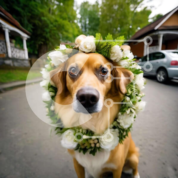 Intra Συλλεκτικό Ξύλινο Παζλ Plywood  4mm - Καφέ σκύλος με λευκή λουλουδάτη σύνθεση στο κεφάλι Σε Ξύλινο Κουτί - Διαστάσεις: 10x10 cm – 25 κομμάτια