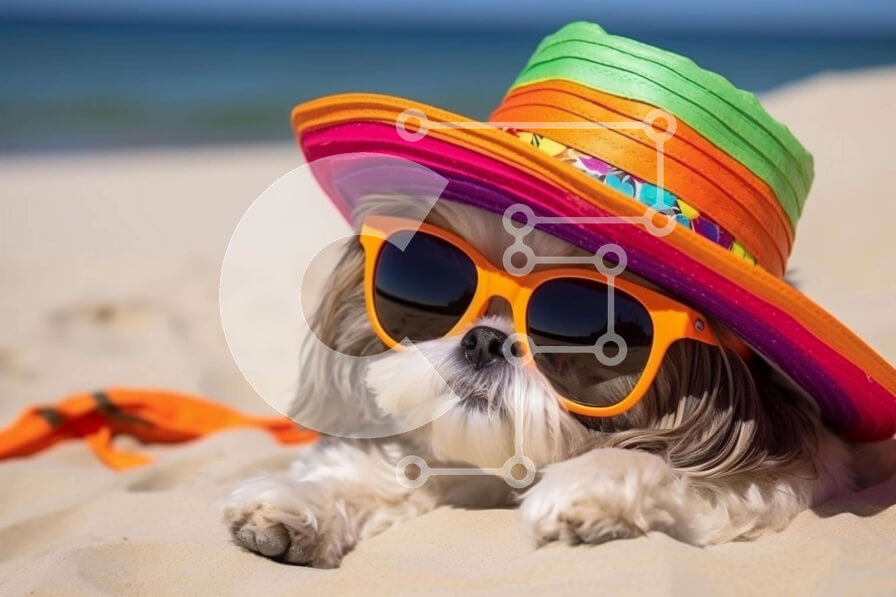 Intra Συλλεκτικό Ξύλινο Παζλ Plywood  4mm - Σκύλος με γυαλιά ηλίου και καπέλο στην παραλία Σε Ξύλινο Κουτί - Διαστάσεις: 10x10 cm – 25 κομμάτια