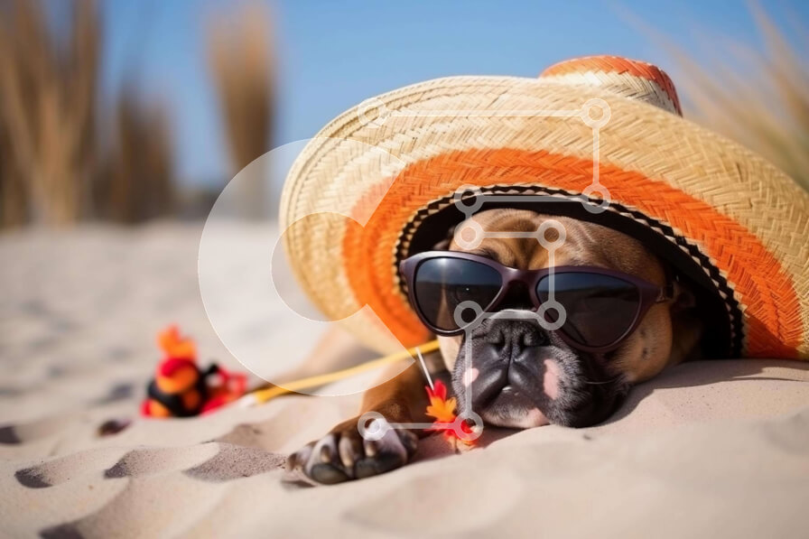 Intra Συλλεκτικό Ξύλινο Παζλ Plywood  4mm - Σκύλος με γυαλιά ηλίου και καπέλο σομπρέρο στην παραλία Σε Ξύλινο Κουτί - Διαστάσεις: 10x10 cm – 25 κομμάτια