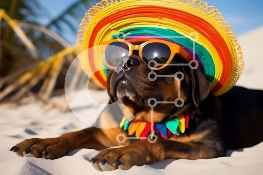 Σετ των 2 Intra Συλλεκτικό Ξύλινο Παζλ Plywood  4mm - Παιχνιδιάρικο σκυλί στην παραλία με γυαλιά ηλίου και καπέλο σομπρέρο Σε Ξύλινο Κουτί - Διαστάσεις: 10x10 cm – 25 κομμάτια