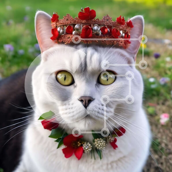 Intra Συλλεκτικό Ξύλινο Παζλ Plywood  4mm - Λευκή γάτα με διακοσμητικό στέμμα και διακοσμήσεις σε γρασίδι Σε Ξύλινο Κουτί - Διαστάσεις: 10x10 cm – 25 κομμάτια