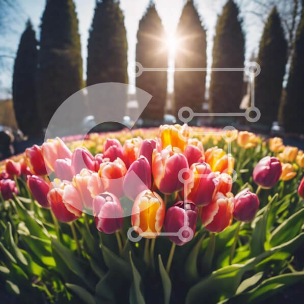 Intra Συλλεκτικό Ξύλινο Παζλ Plywood  4mm - Ζωντανό χωράφι με τουλίπες με ψηλά δέντρα και φως του ήλιου Σε Ξύλινο Κουτί - Διαστάσεις: 10x10 cm – 25 κομμάτια