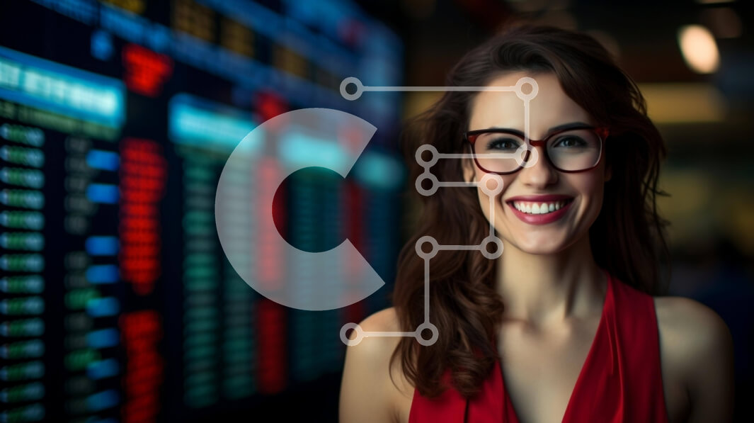 Intra Συλλεκτικό Ξύλινο Παζλ Plywood  4mm - Γυναίκα μπροστά από την επίδειξη χρηματιστηρίου Σε Ξύλινο Κουτί - Διαστάσεις Puzzle: 10x10 cm – 25 κομμάτια