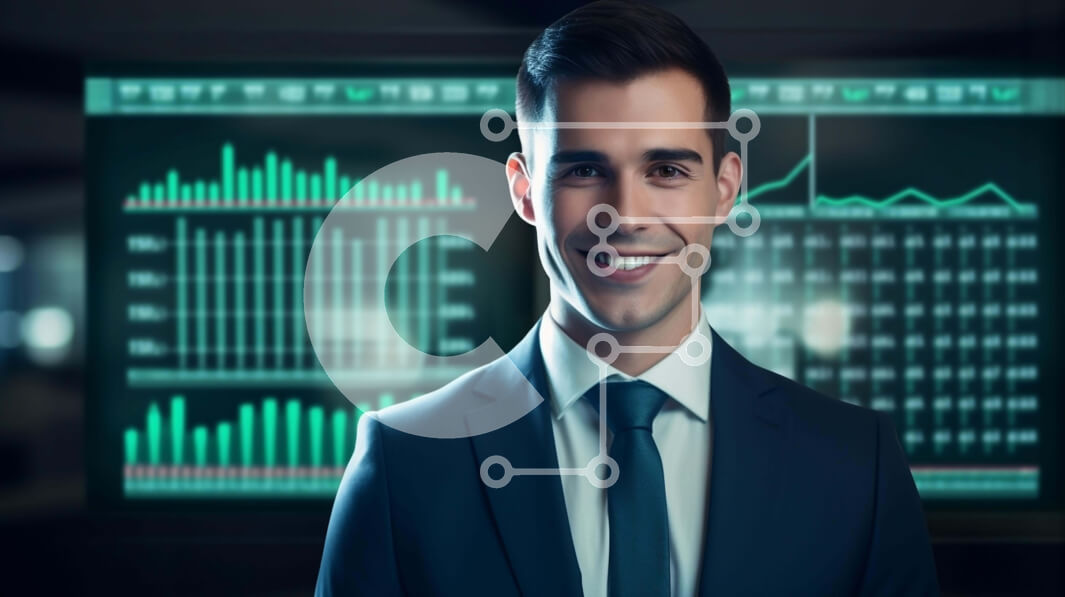 Intra Συλλεκτικό Ξύλινο Παζλ Plywood  4mm - Χαμογελώντας επιχειρηματίας με γραφήματα και γραφήματα Σε Ξύλινο Κουτί - Διαστάσεις Puzzle: 10x10 cm – 25 κομμάτια