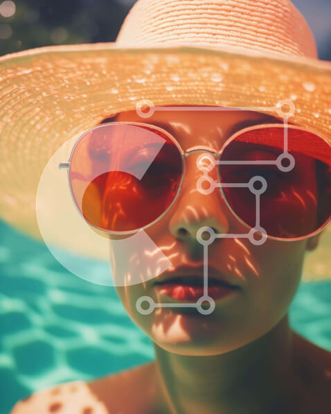 Intra Συλλεκτικό Ξύλινο Παζλ Plywood  4mm - Γυναίκα με πορτοκαλί καπέλο και γυαλιά ηλίου που στέκεται στην πισίνα Σε Ξύλινο Κουτί - Διαστάσεις Puzzle: 10x10 cm – 25 κομμάτια