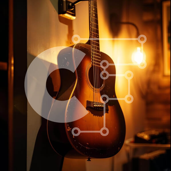 Intra Συλλεκτικό Ξύλινο Παζλ Plywood  4mm - Ακουστική κιθάρα στον τοίχο με φώτα γύρω Σε Ξύλινο Κουτί - Διαστάσεις: 10x10 cm – 25 κομμάτια