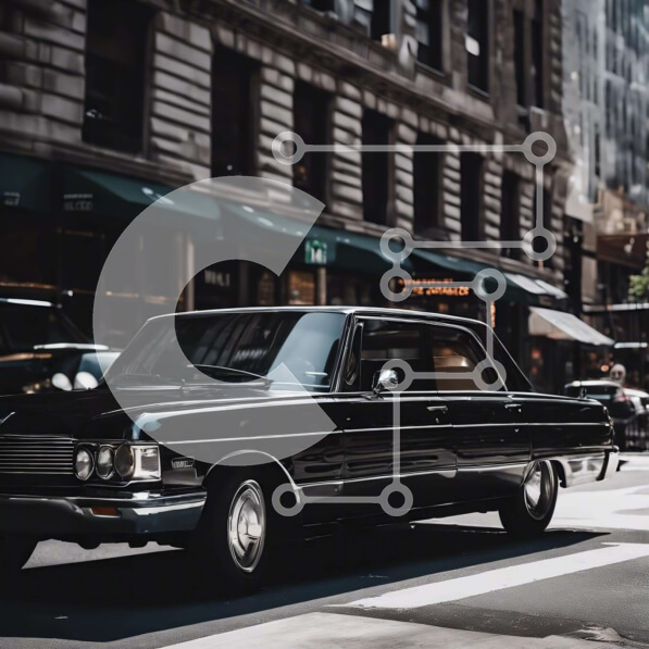 Intra Συλλεκτικό Ξύλινο Παζλ Plywood  4mm - Κλασικό μαύρο αυτοκίνητο σε αστικό περιβάλλον Σε Ξύλινο Κουτί - Διαστάσεις Puzzle: 10x10 cm – 25 κομμάτια