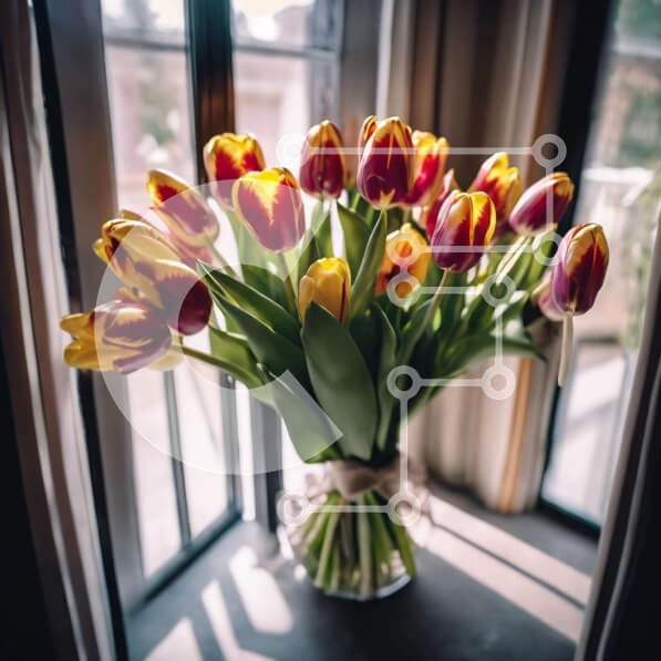 Intra Συλλεκτικό Ξύλινο Παζλ Plywood  4mm - Πολύχρωμες τουλίπες σε βάζο από ανοιχτό παράθυρο Σε Ξύλινο Κουτί - Διαστάσεις: 10x10 cm – 25 κομμάτια