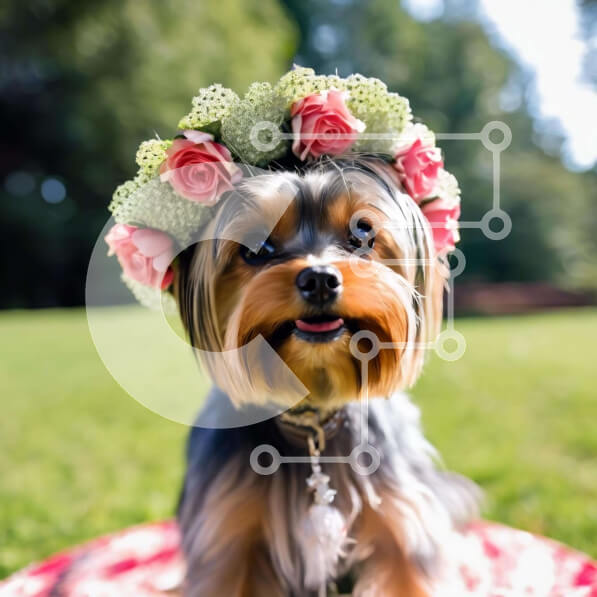 Intra Συλλεκτικό Ξύλινο Παζλ Plywood  4mm - Ευτυχισμένος σκύλος με λουλουδάτο στέμμα που απολαμβάνει σε εξωτερικούς χώρους Σε Ξύλινο Κουτί - Διαστάσεις: 10x10 cm – 25 κομμάτια