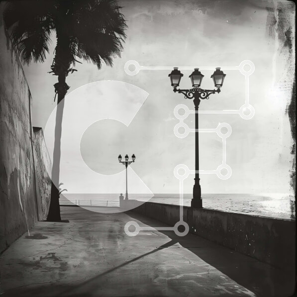 Intra Συλλεκτικό Ξύλινο Παζλ Plywood  4mm - Ασπρόμαυρη φωτογραφία με φανοστάτες κοντά στον ωκεανό Σε Ξύλινο Κουτί - Διαστάσεις: 10x10 cm – 25 κομμάτια