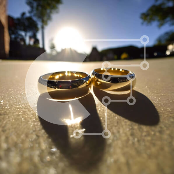 Σετ των 2 Intra Συλλεκτικό Ξύλινο Παζλ Plywood  4mm - Χρυσές βέρες σε τσιμεντένια επιφάνεια με ήλιο να λάμπει πίσω Σε Ξύλινο Κουτί - Διαστάσεις: 10x10 cm – 25 κομμάτια