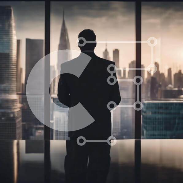 Intra Συλλεκτικό Ξύλινο Παζλ Plywood  4mm - Επιχειρηματίας μπροστά από τα παράθυρα στον ορίζοντα της πόλης Σε Ξύλινο Κουτί - Διαστάσεις Puzzle: 10x10 cm – 25 κομμάτια