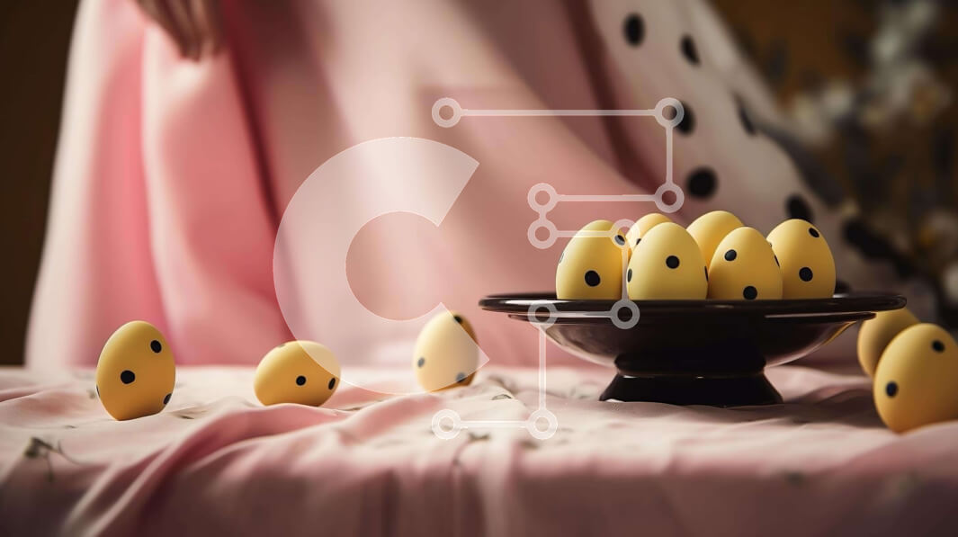 Σετ των 2 Intra Συλλεκτικό Ξύλινο Παζλ Plywood  4mm - Μαύρο μπολ με μικρά κίτρινα αυγά σε ροζ τραπεζομάντιλο Σε Ξύλινο Κουτί - Διαστάσεις: 10x10 cm – 25 κομμάτια