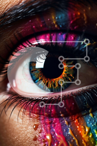 Intra Συλλεκτικό Ξύλινο Παζλ Plywood  4mm - Κοντινό πλάνο του ματιού της γυναίκας με πολύχρωμες πιτσιλιές χρωμάτων Σε Ξύλινο Κουτί - Διαστάσεις Puzzle: 10x10 cm – 25 κομμάτια