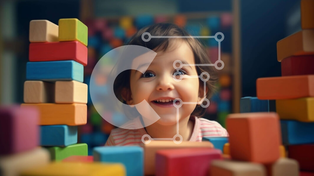 Intra Συλλεκτικό Ξύλινο Παζλ Plywood  4mm - Νεαρό κορίτσι που παίζει με πολύχρωμα ξύλινα μπλοκ Σε Ξύλινο Κουτί - Διαστάσεις Puzzle: 10x10 cm – 25 κομμάτια