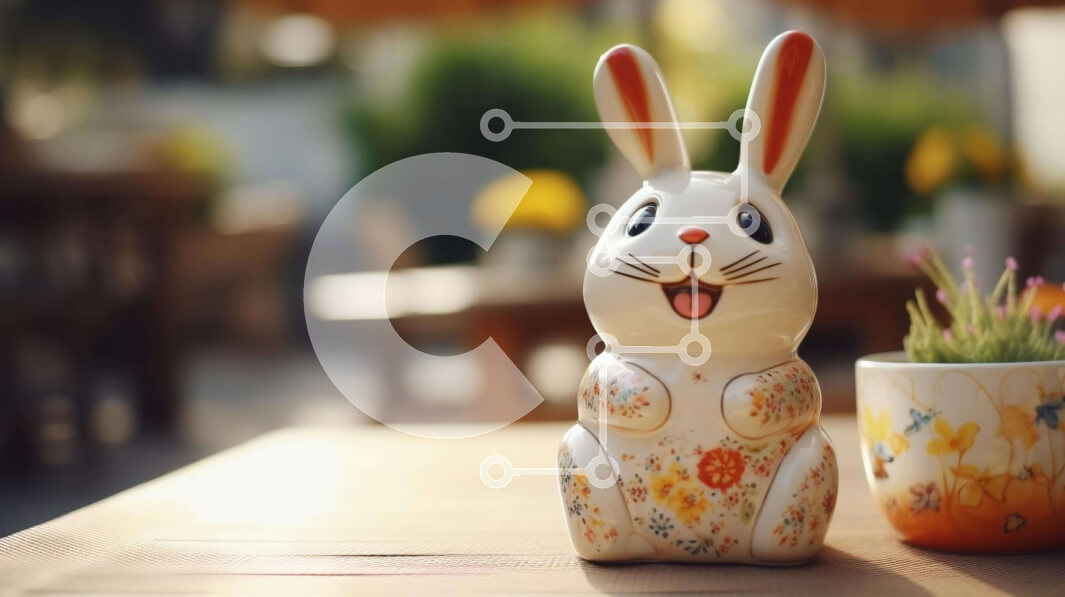 Intra Συλλεκτικό Ξύλινο Παζλ Plywood  4mm - Λευκό κεραμικό ειδώλιο λαγουδάκι και χαμογελαστά φυτά σε γλάστρες Σε Ξύλινο Κουτί - Διαστάσεις Puzzle: 10x10 cm – 25 κομμάτια