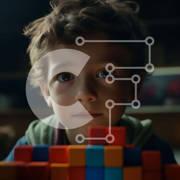 Intra Συλλεκτικό Ξύλινο Παζλ Plywood  4mm - Νεαρό αγόρι που παίζει με πολύχρωμα δομικά στοιχεία Σε Ξύλινο Κουτί - Διαστάσεις Puzzle: 10x10 cm – 25 κομμάτια