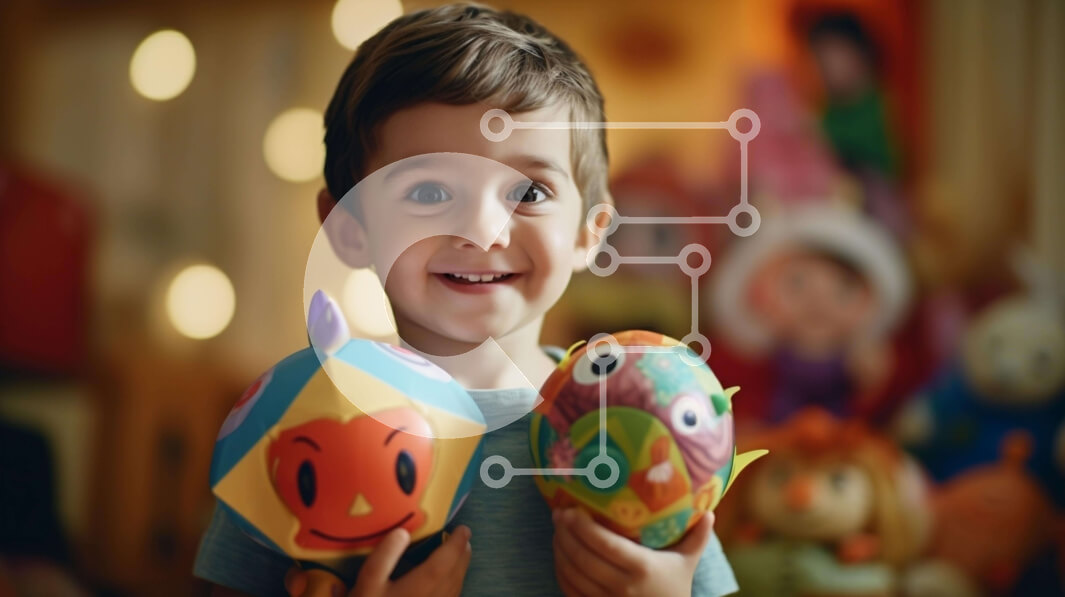 Intra Συλλεκτικό Ξύλινο Παζλ Plywood  4mm - Νεαρό αγόρι που παίζει με τις μπάλες παιχνιδιών Σε Ξύλινο Κουτί - Διαστάσεις Puzzle: 10x10 cm – 25 κομμάτια