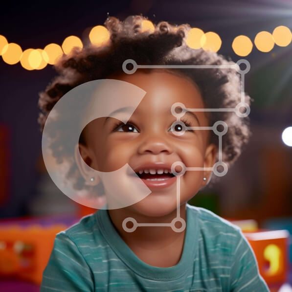 Intra Συλλεκτικό Ξύλινο Παζλ Plywood  4mm - Μικρό παιδί που χαμογελά ανάμεσα στα πολύχρωμα φώτα και τα παιχνίδια Σε Ξύλινο Κουτί - Διαστάσεις Puzzle: 10x10 cm – 25 κομμάτια