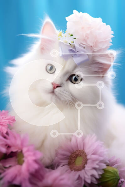 Σετ των 2 Intra Συλλεκτικό Ξύλινο Παζλ Plywood  4mm - Λευκή αφράτη γάτα με κομψή κεφαλή ανάμεσα σε ροζ λουλούδια Σε Ξύλινο Κουτί - Διαστάσεις: 10x10 cm – 25 κομμάτια