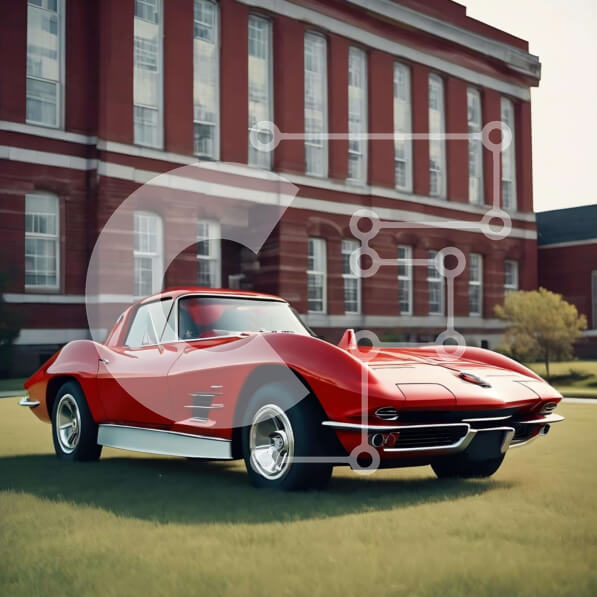 Intra Συλλεκτικό Ξύλινο Παζλ Plywood  4mm - Κόκκινο σπορ αυτοκίνητο παρκαρισμένο μπροστά από το εντυπωσιακό κτήριο από τούβλα Σε Ξύλινο Κουτί - Διαστάσεις Puzzle: 10x10 cm – 25 κομμάτια