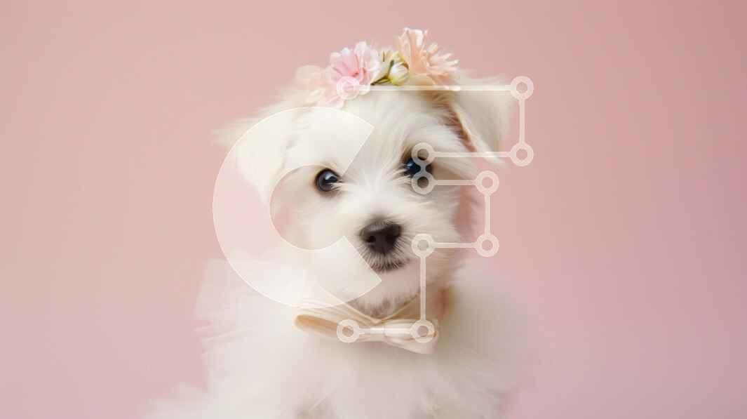 Σετ των 2 Intra Συλλεκτικό Ξύλινο Παζλ Plywood  4mm - Αξιολάτρευτο λευκό σκυλί με παπιγιόν και λουλούδια σε ροζ φόντο Σε Ξύλινο Κουτί - Διαστάσεις: 10x10 cm – 25 κομμάτια