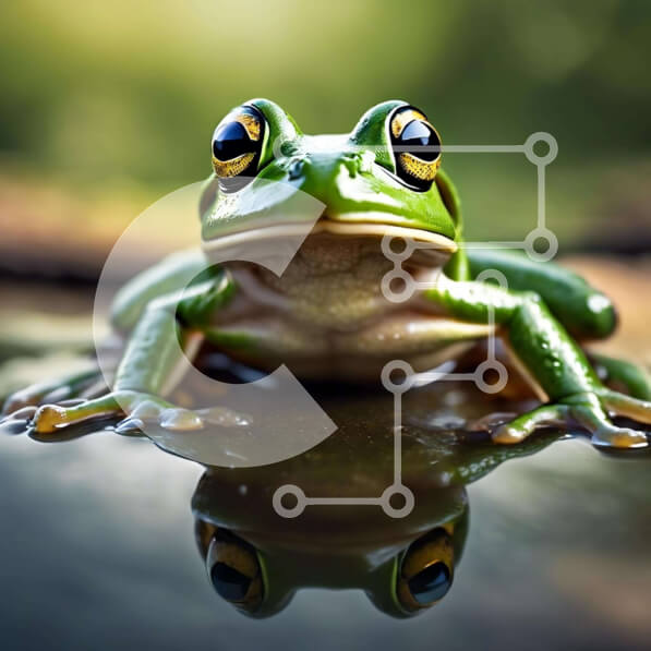 Intra Συλλεκτικό Ξύλινο Παζλ Plywood  4mm - Πράσινος δεντροβάτραχος στην επιφάνεια του νερού με αντανάκλαση Σε Ξύλινο Κουτί - Διαστάσεις: 10x10 cm – 25 κομμάτια