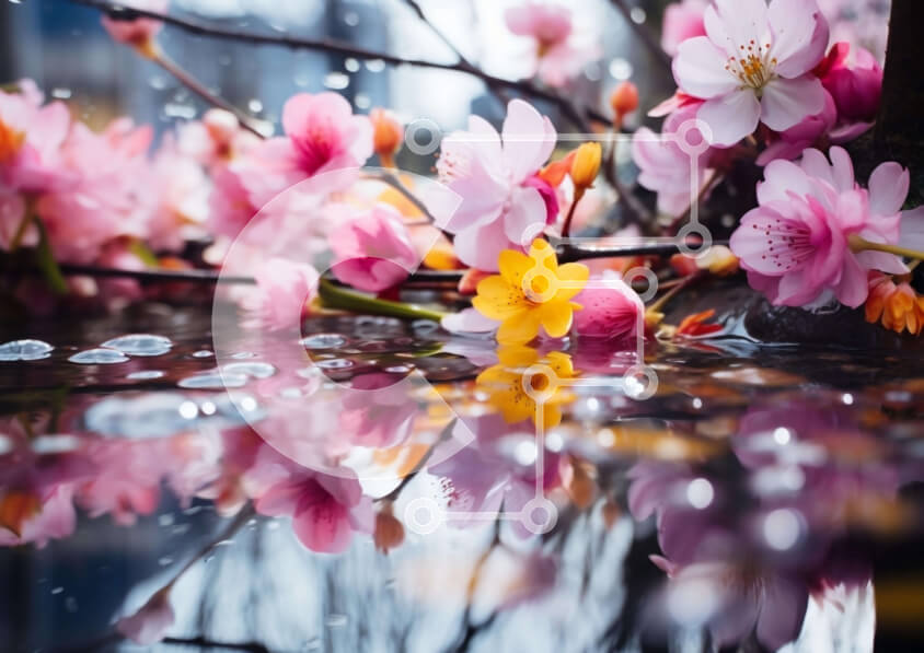 Intra Συλλεκτικό Ξύλινο Παζλ Plywood  4mm - Συστάδα ροζ λουλουδιών που αντανακλώνται στο νερό Σε Ξύλινο Κουτί - Διαστάσεις: 10x10 cm – 25 κομμάτια