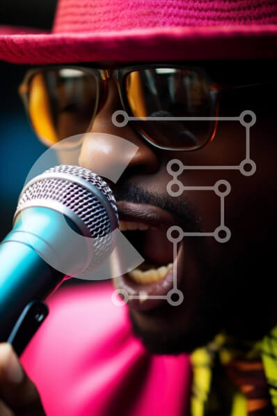 Intra Συλλεκτικό Ξύλινο Παζλ Plywood  4mm - Άνδρας που τραγουδά στο μικρόφωνο με πορτοκαλί καπέλο και γυαλιά ηλίου Σε Ξύλινο Κουτί - Διαστάσεις Puzzle: 10x10 cm – 25 κομμάτια