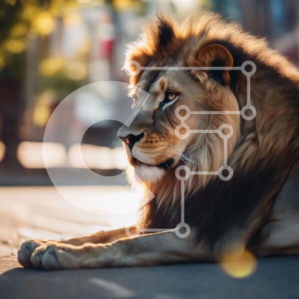 Intra Συλλεκτικό Ξύλινο Παζλ Plywood  4mm - Λιοντάρι που στηρίζεται στο δρόμο μπροστά από τα κτίρια Σε Ξύλινο Κουτί - Διαστάσεις: 10x10 cm – 25 κομμάτια