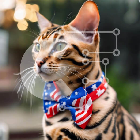 Intra Συλλεκτικό Ξύλινο Παζλ Plywood  4mm - Γάτα Βεγγάλης με παπιγιόν με αμερικανική σημαία Σε Ξύλινο Κουτί - Διαστάσεις: 10x10 cm – 25 κομμάτια