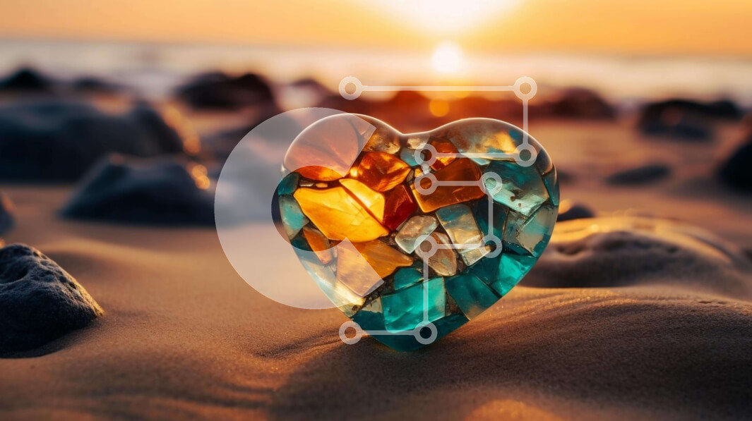 Intra Συλλεκτικό Ξύλινο Παζλ Plywood  4mm - Γυάλινο γλυπτό σε σχήμα καρδιάς στην αμμώδη παραλία Σε Ξύλινο Κουτί - Διαστάσεις: 10x10 cm – 25 κομμάτια