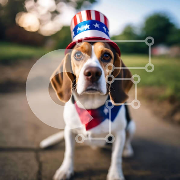 Intra Συλλεκτικό Ξύλινο Παζλ Plywood  4mm - Σκύλος Beagle που γιορτάζει την 4η Ιουλίου με καπέλο αμερικανικής σημαίας Σε Ξύλινο Κουτί - Διαστάσεις: 10x10 cm – 25 κομμάτια