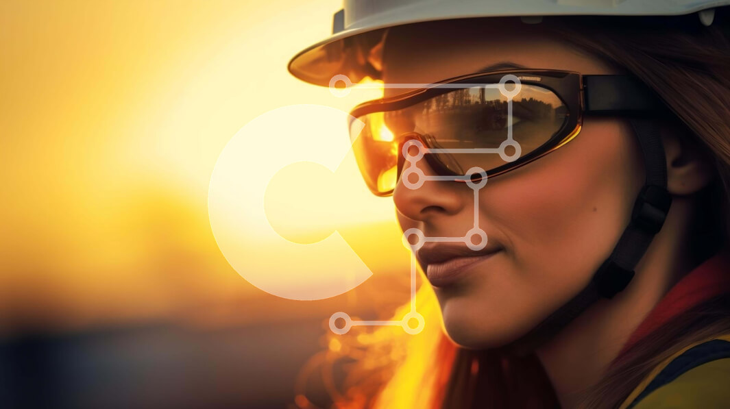 Intra Συλλεκτικό Ξύλινο Παζλ Plywood  4mm - Γυναίκα με πορτοκαλί Hardhat και προστατευτικά γυαλιά στο ηλιοβασίλεμα Σε Ξύλινο Κουτί - Διαστάσεις Puzzle: 10x10 cm – 25 κομμάτια