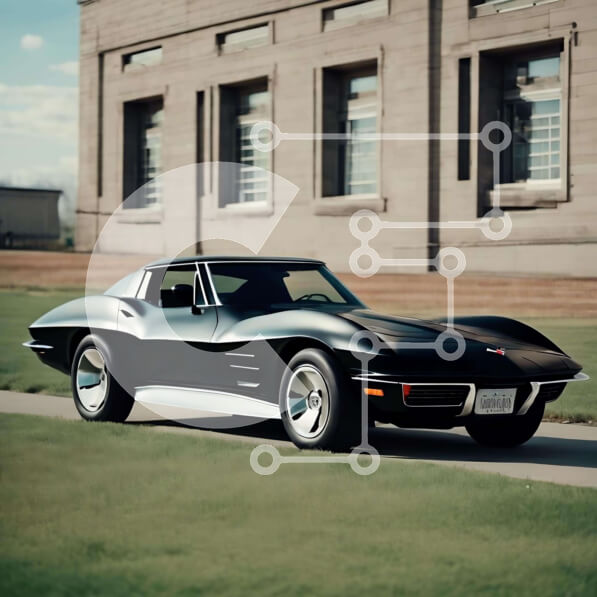 Intra Συλλεκτικό Ξύλινο Παζλ Plywood  4mm - Μαύρο σπορ αυτοκίνητο Corvette παρκαρισμένο μπροστά σε εντυπωσιακό κτίριο Σε Ξύλινο Κουτί - Διαστάσεις Puzzle: 10x10 cm – 25 κομμάτια