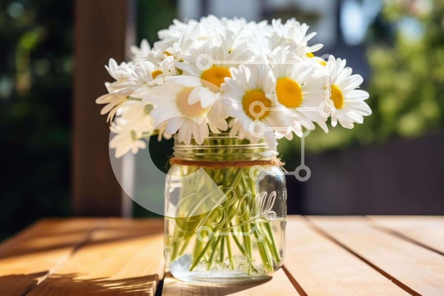 Intra Συλλεκτικό Ξύλινο Παζλ Plywood  4mm - Φρέσκες λευκές μαργαρίτες σε βάζο Mason σε ξύλινο τραπέζι Σε Ξύλινο Κουτί - Διαστάσεις: 10x10 cm – 25 κομμάτια