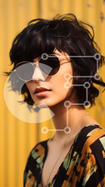 Intra Συλλεκτικό Ξύλινο Παζλ Plywood  4mm - Γυναίκα με φλοράλ φόρεμα και γυαλιά ηλίου που ποζάρει στον κίτρινο τοίχο Σε Ξύλινο Κουτί - Διαστάσεις Puzzle: 10x10 cm – 25 κομμάτια