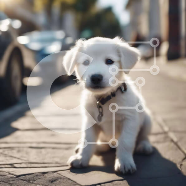 Intra Συλλεκτικό Ξύλινο Παζλ Plywood  4mm - Μικρό λευκό κουτάβι που κάθεται στο πεζοδρόμιο Σε Ξύλινο Κουτί - Διαστάσεις: 10x10 cm – 25 κομμάτια