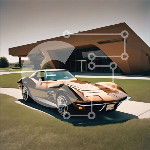 Intra Συλλεκτικό Ξύλινο Παζλ Plywood  4mm - Vintage σπορ αυτοκίνητο σταθμευμένο μπροστά από μεγάλο κτίριο Σε Ξύλινο Κουτί - Διαστάσεις Puzzle: 10x10 cm – 25 κομμάτια