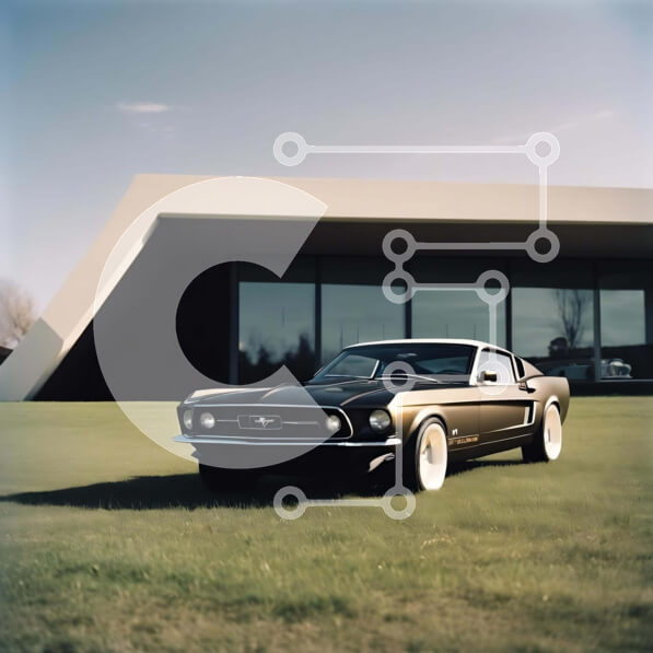 Intra Συλλεκτικό Ξύλινο Παζλ Plywood  4mm - Η Black Ford Mustang παρκαρισμένη μπροστά σε ένα μοντέρνο κτίριο Σε Ξύλινο Κουτί - Διαστάσεις Puzzle: 10x10 cm – 25 κομμάτια